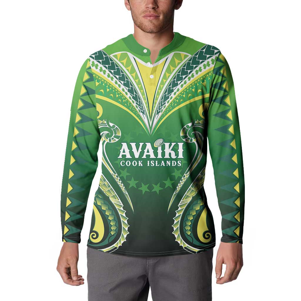 Custom Rugby Cook Islands Avaiki Button Sweatshirt Green Kuki Airani Tribal Maori Inspired - Polynesian Pride