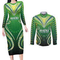 Custom Rugby Cook Islands Avaiki Couples Matching Long Sleeve Bodycon Dress and Long Sleeve Button Shirt Green Kuki Airani Tribal Maori Inspired - Polynesian Pride