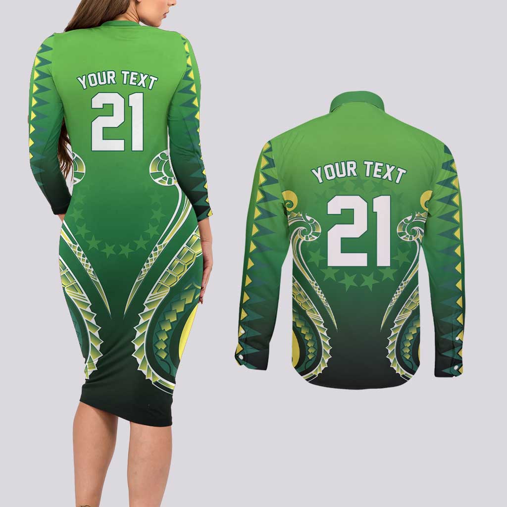 Custom Rugby Cook Islands Avaiki Couples Matching Long Sleeve Bodycon Dress and Long Sleeve Button Shirt Green Kuki Airani Tribal Maori Inspired - Polynesian Pride
