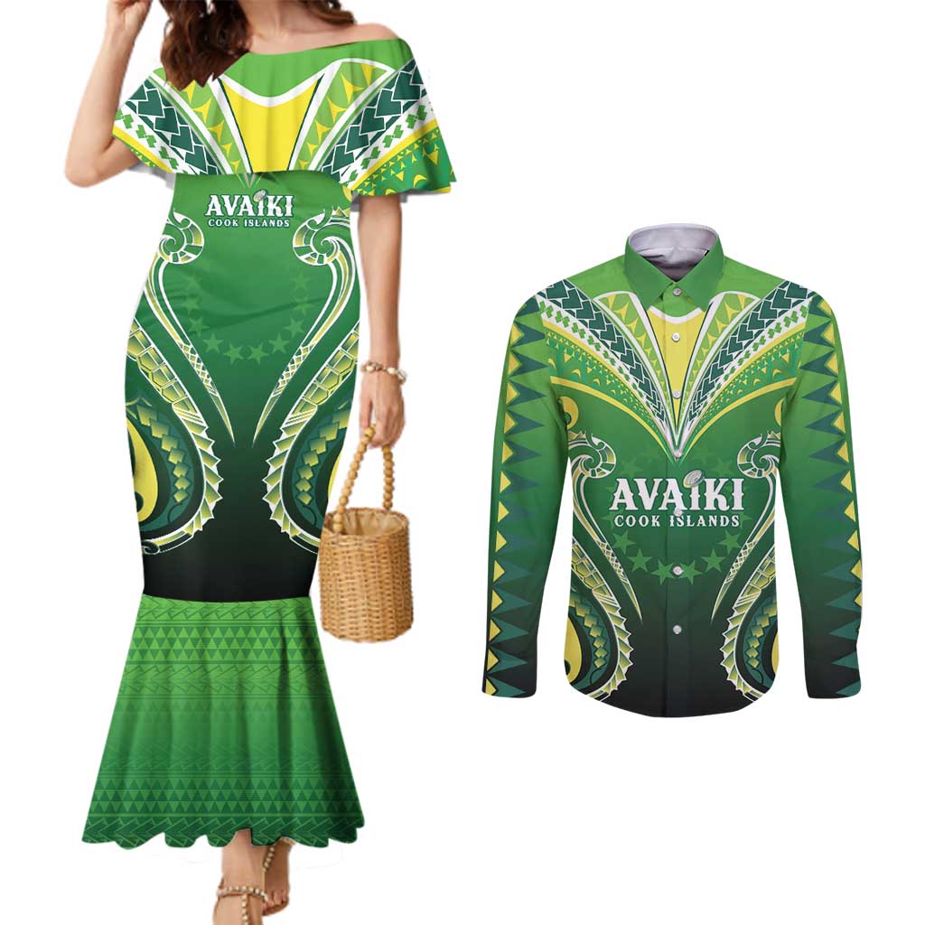 Custom Rugby Cook Islands Avaiki Couples Matching Mermaid Dress and Long Sleeve Button Shirt Green Kuki Airani Tribal Maori Inspired - Polynesian Pride