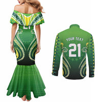 Custom Rugby Cook Islands Avaiki Couples Matching Mermaid Dress and Long Sleeve Button Shirt Green Kuki Airani Tribal Maori Inspired - Polynesian Pride