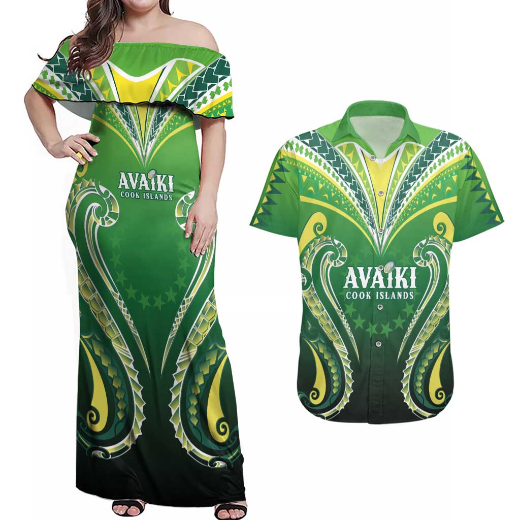 Custom Rugby Cook Islands Avaiki Couples Matching Off Shoulder Maxi Dress and Hawaiian Shirt Green Kuki Airani Tribal Maori Inspired - Polynesian Pride