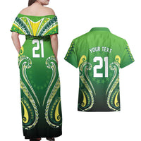 Custom Rugby Cook Islands Avaiki Couples Matching Off Shoulder Maxi Dress and Hawaiian Shirt Green Kuki Airani Tribal Maori Inspired - Polynesian Pride