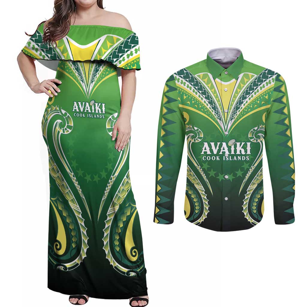 Custom Rugby Cook Islands Avaiki Couples Matching Off Shoulder Maxi Dress and Long Sleeve Button Shirt Green Kuki Airani Tribal Maori Inspired - Polynesian Pride