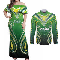 Custom Rugby Cook Islands Avaiki Couples Matching Off Shoulder Maxi Dress and Long Sleeve Button Shirt Green Kuki Airani Tribal Maori Inspired - Polynesian Pride