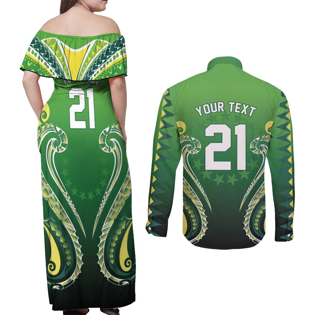 Custom Rugby Cook Islands Avaiki Couples Matching Off Shoulder Maxi Dress and Long Sleeve Button Shirt Green Kuki Airani Tribal Maori Inspired - Polynesian Pride