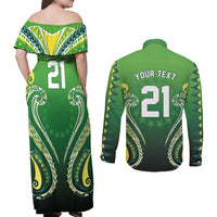 Custom Rugby Cook Islands Avaiki Couples Matching Off Shoulder Maxi Dress and Long Sleeve Button Shirt Green Kuki Airani Tribal Maori Inspired - Polynesian Pride