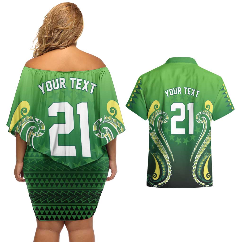 Custom Rugby Cook Islands Avaiki Couples Matching Off Shoulder Short Dress and Hawaiian Shirt Green Kuki Airani Tribal Maori Inspired - Polynesian Pride
