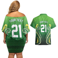 Custom Rugby Cook Islands Avaiki Couples Matching Off Shoulder Short Dress and Hawaiian Shirt Green Kuki Airani Tribal Maori Inspired - Polynesian Pride