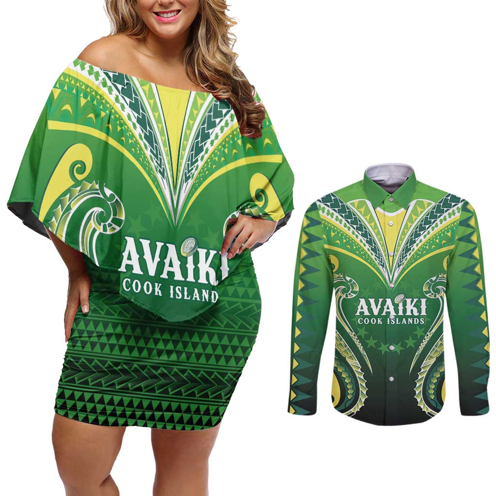 Custom Rugby Cook Islands Avaiki Couples Matching Off Shoulder Short Dress and Long Sleeve Button Shirt Green Kuki Airani Tribal Maori Inspired - Polynesian Pride