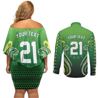 Custom Rugby Cook Islands Avaiki Couples Matching Off Shoulder Short Dress and Long Sleeve Button Shirt Green Kuki Airani Tribal Maori Inspired - Polynesian Pride
