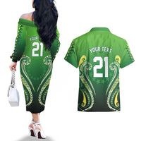 Custom Rugby Cook Islands Avaiki Couples Matching Off The Shoulder Long Sleeve Dress and Hawaiian Shirt Green Kuki Airani Tribal Maori Inspired - Polynesian Pride