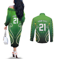 Custom Rugby Cook Islands Avaiki Couples Matching Off The Shoulder Long Sleeve Dress and Long Sleeve Button Shirt Green Kuki Airani Tribal Maori Inspired - Polynesian Pride