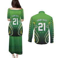 Custom Rugby Cook Islands Avaiki Couples Matching Puletasi and Long Sleeve Button Shirt Green Kuki Airani Tribal Maori Inspired - Polynesian Pride
