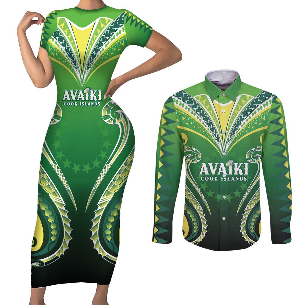 Custom Rugby Cook Islands Avaiki Couples Matching Short Sleeve Bodycon Dress and Long Sleeve Button Shirt Green Kuki Airani Tribal Maori Inspired - Polynesian Pride