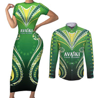 Custom Rugby Cook Islands Avaiki Couples Matching Short Sleeve Bodycon Dress and Long Sleeve Button Shirt Green Kuki Airani Tribal Maori Inspired - Polynesian Pride