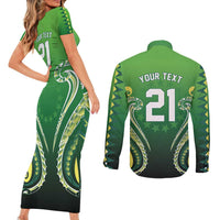 Custom Rugby Cook Islands Avaiki Couples Matching Short Sleeve Bodycon Dress and Long Sleeve Button Shirt Green Kuki Airani Tribal Maori Inspired - Polynesian Pride
