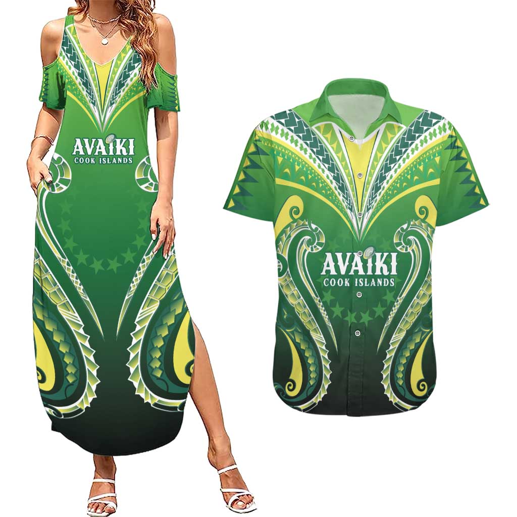 Custom Rugby Cook Islands Avaiki Couples Matching Summer Maxi Dress and Hawaiian Shirt Green Kuki Airani Tribal Maori Inspired - Polynesian Pride