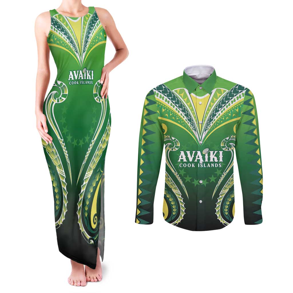 Custom Rugby Cook Islands Avaiki Couples Matching Tank Maxi Dress and Long Sleeve Button Shirt Green Kuki Airani Tribal Maori Inspired - Polynesian Pride