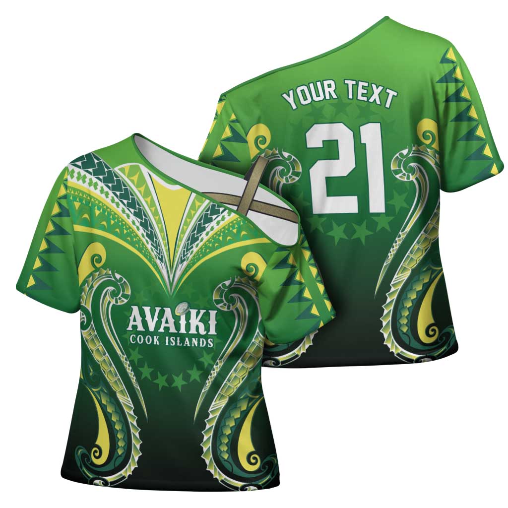 Custom Rugby Cook Islands Avaiki Cross Shoulder Shirt Green Kuki Airani Tribal Maori Inspired - Polynesian Pride