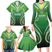 Custom Rugby Cook Islands Avaiki Family Matching Long Sleeve Bodycon Dress and Hawaiian Shirt Green Kuki Airani Tribal Maori Inspired - Polynesian Pride