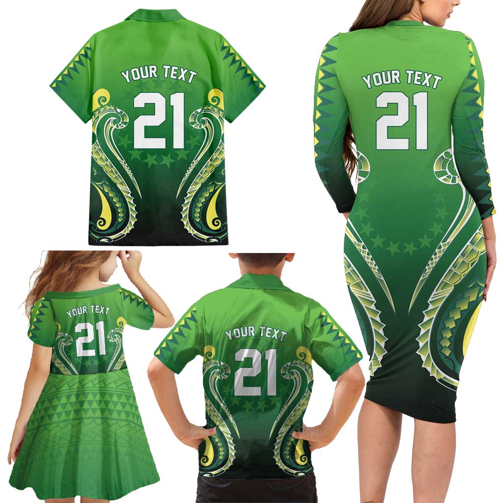 Custom Rugby Cook Islands Avaiki Family Matching Long Sleeve Bodycon Dress and Hawaiian Shirt Green Kuki Airani Tribal Maori Inspired - Polynesian Pride