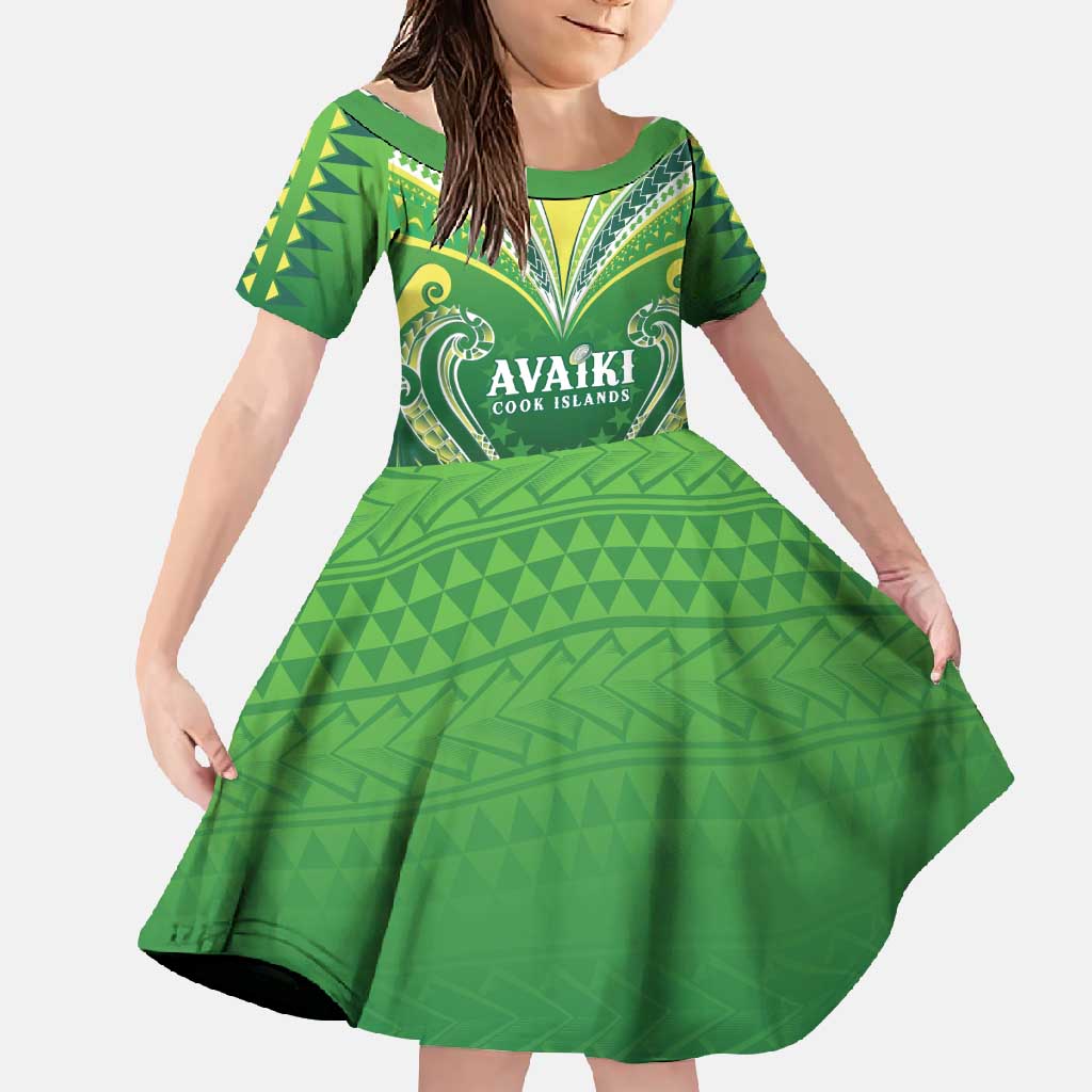 Custom Rugby Cook Islands Avaiki Family Matching Off Shoulder Maxi Dress and Hawaiian Shirt Green Kuki Airani Tribal Maori Inspired - Polynesian Pride