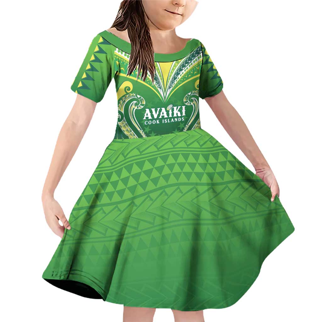 Custom Rugby Cook Islands Avaiki Family Matching Off Shoulder Short Dress and Hawaiian Shirt Green Kuki Airani Tribal Maori Inspired - Polynesian Pride