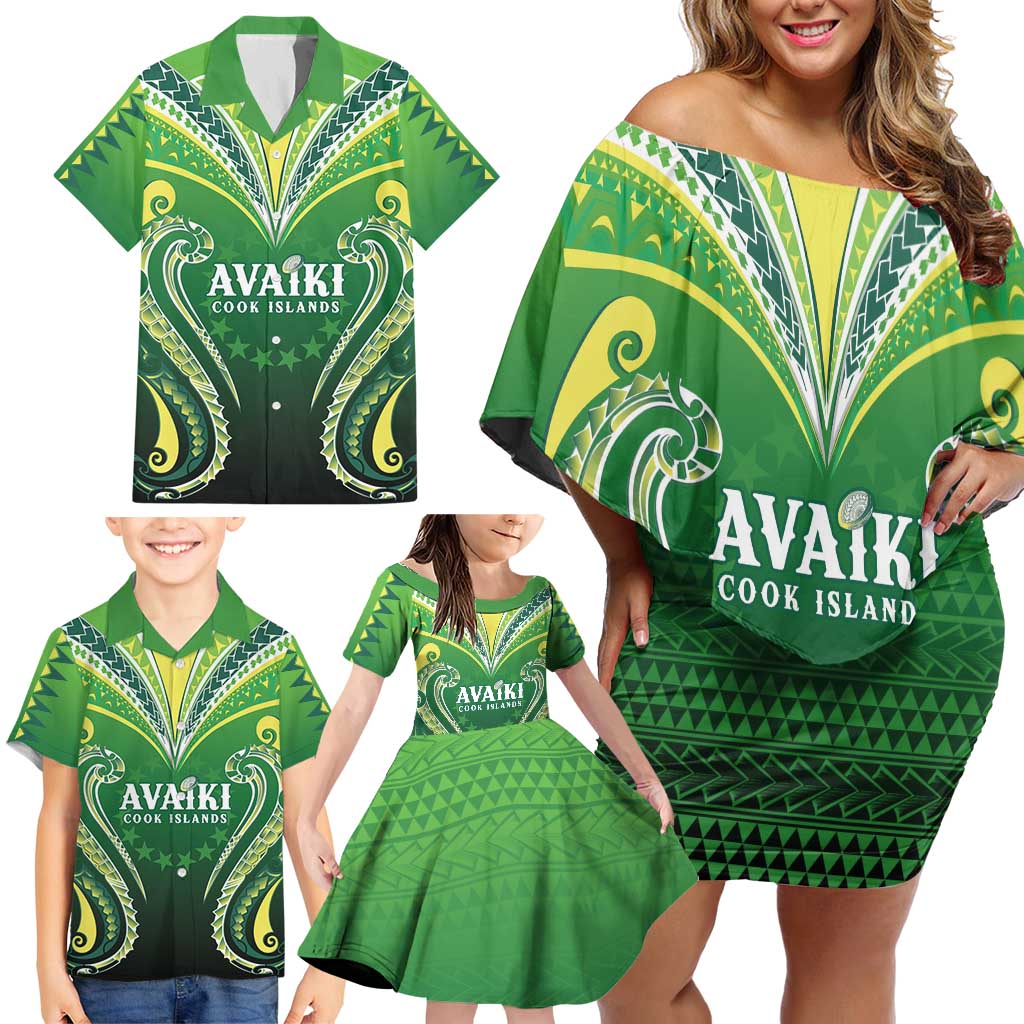 Custom Rugby Cook Islands Avaiki Family Matching Off Shoulder Short Dress and Hawaiian Shirt Green Kuki Airani Tribal Maori Inspired - Polynesian Pride