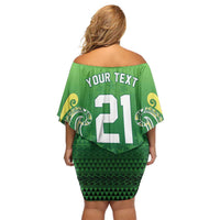 Custom Rugby Cook Islands Avaiki Family Matching Off Shoulder Short Dress and Hawaiian Shirt Green Kuki Airani Tribal Maori Inspired - Polynesian Pride