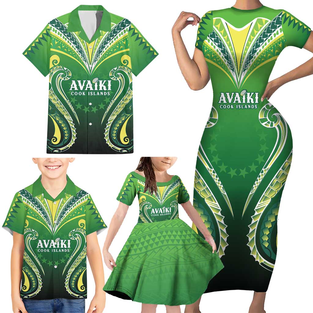 Custom Rugby Cook Islands Avaiki Family Matching Short Sleeve Bodycon Dress and Hawaiian Shirt Green Kuki Airani Tribal Maori Inspired - Polynesian Pride