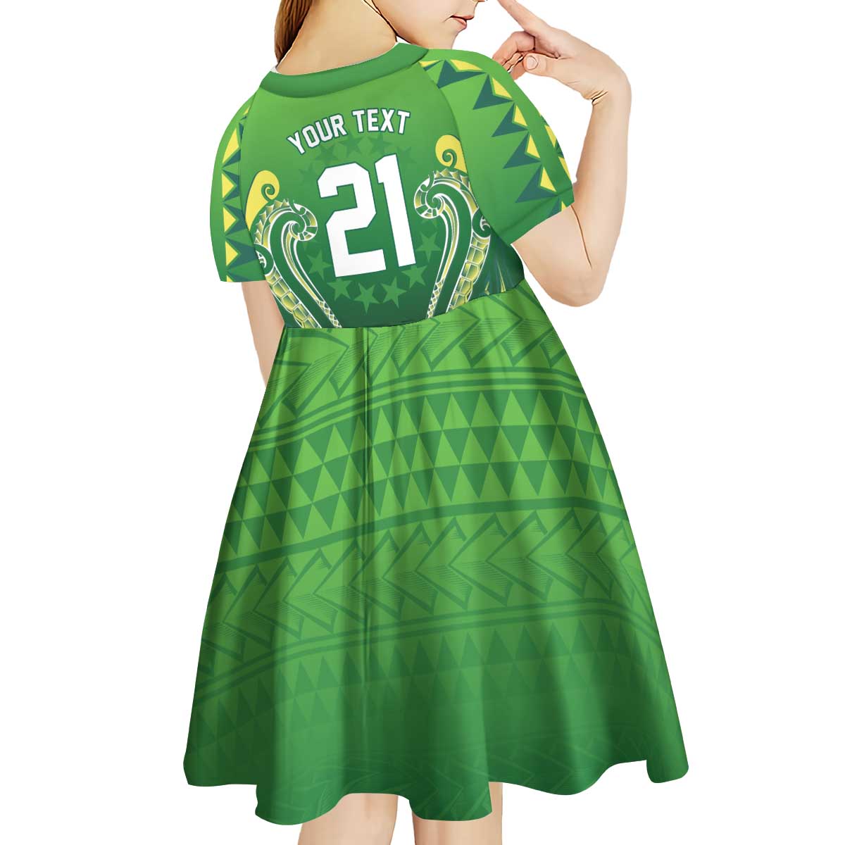 Custom Rugby Cook Islands Avaiki Kid Short Sleeve Dress Green Kuki Airani Tribal Maori Inspired - Polynesian Pride