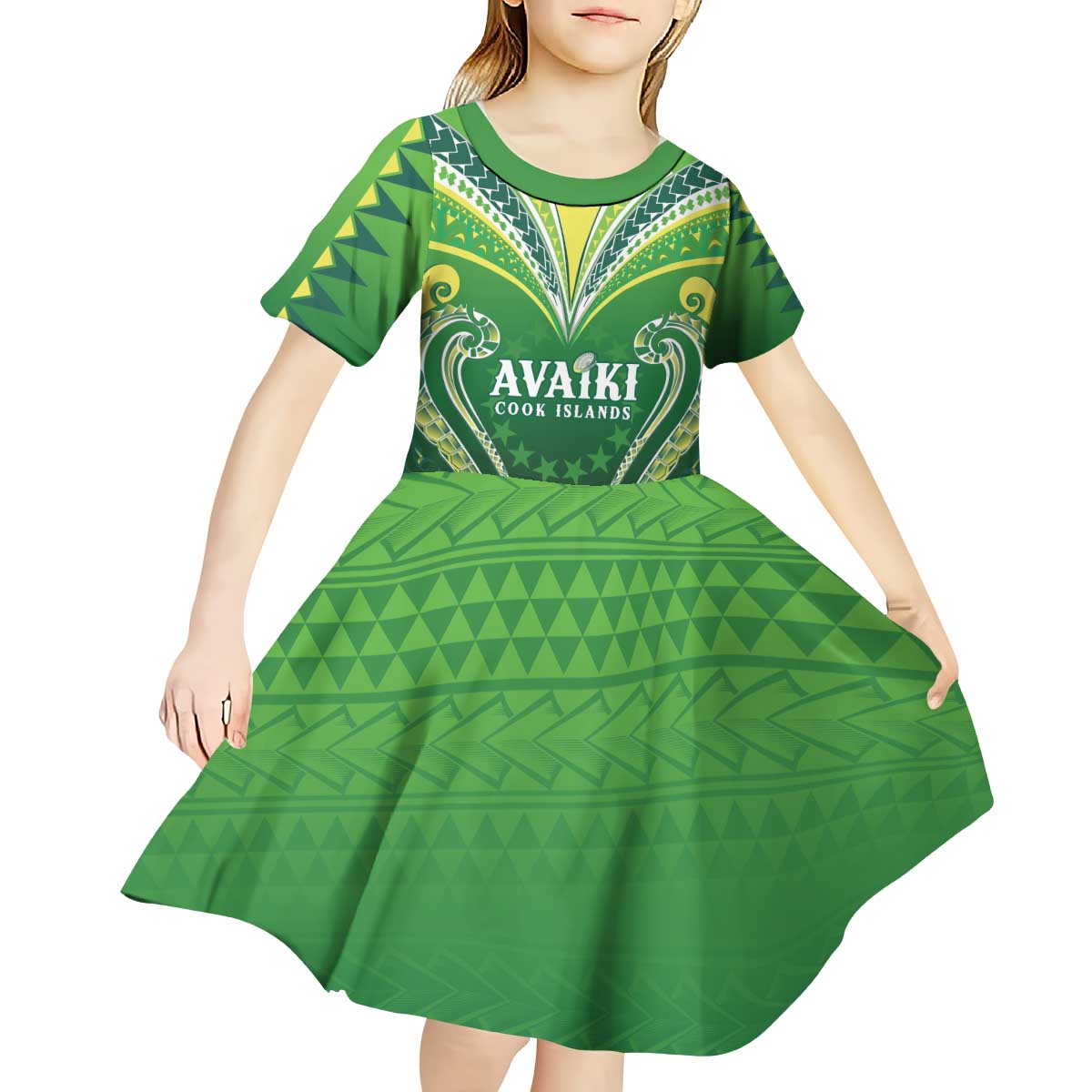 Custom Rugby Cook Islands Avaiki Kid Short Sleeve Dress Green Kuki Airani Tribal Maori Inspired - Polynesian Pride