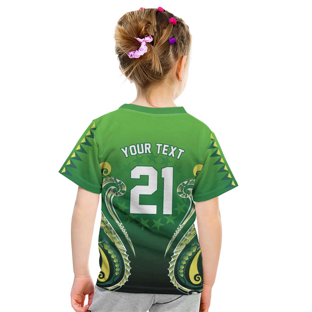 Custom Rugby Cook Islands Avaiki Kid T Shirt Green Kuki Airani Tribal Maori Inspired - Polynesian Pride