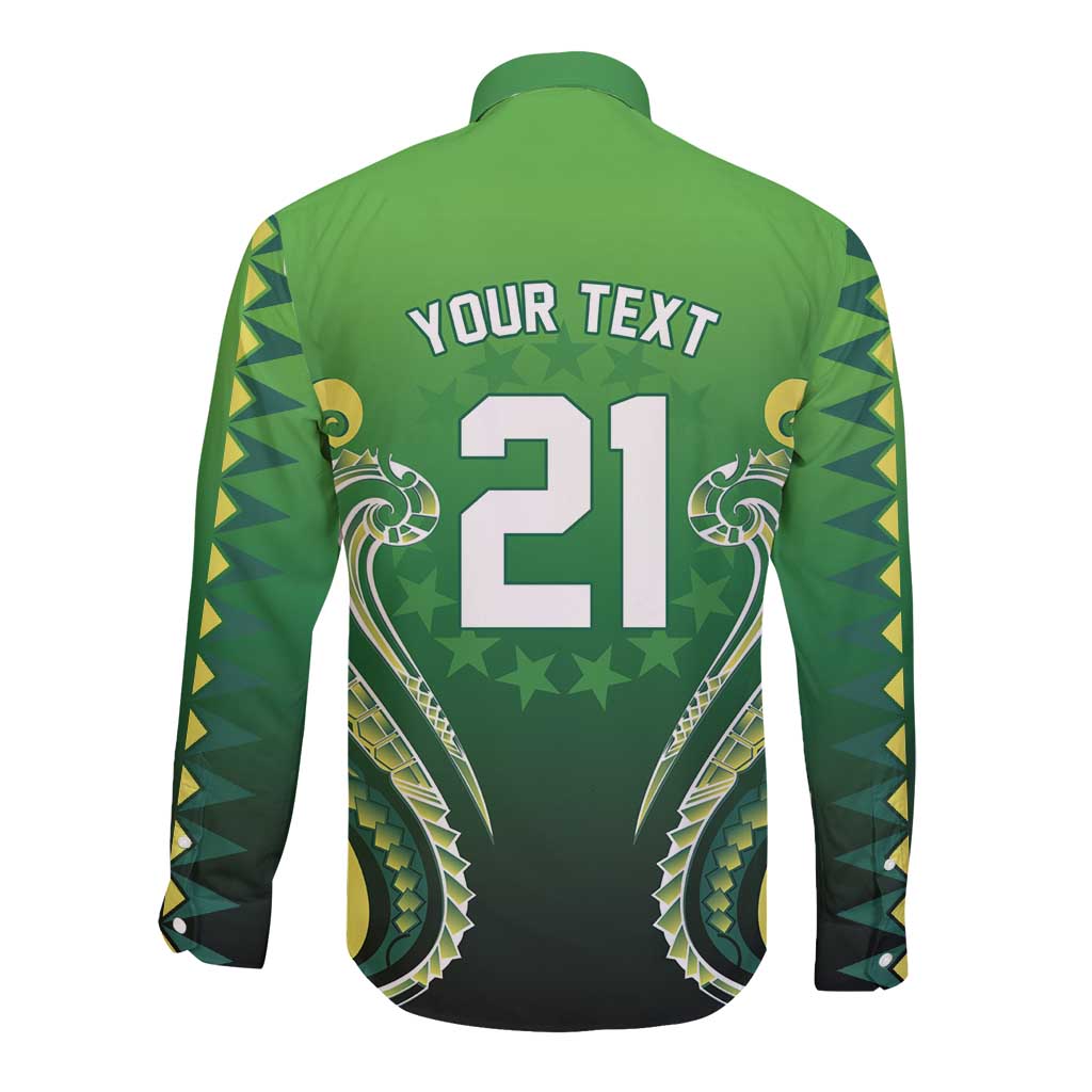 Custom Rugby Cook Islands Avaiki Long Sleeve Button Shirt Green Kuki Airani Tribal Maori Inspired - Polynesian Pride