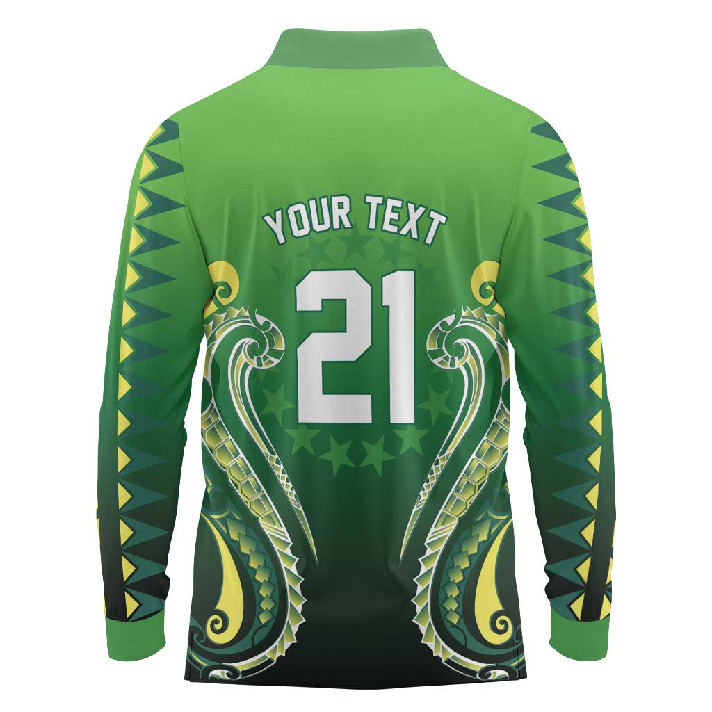 Custom Rugby Cook Islands Avaiki Long Sleeve Polo Shirt Green Kuki Airani Tribal Maori Inspired - Polynesian Pride