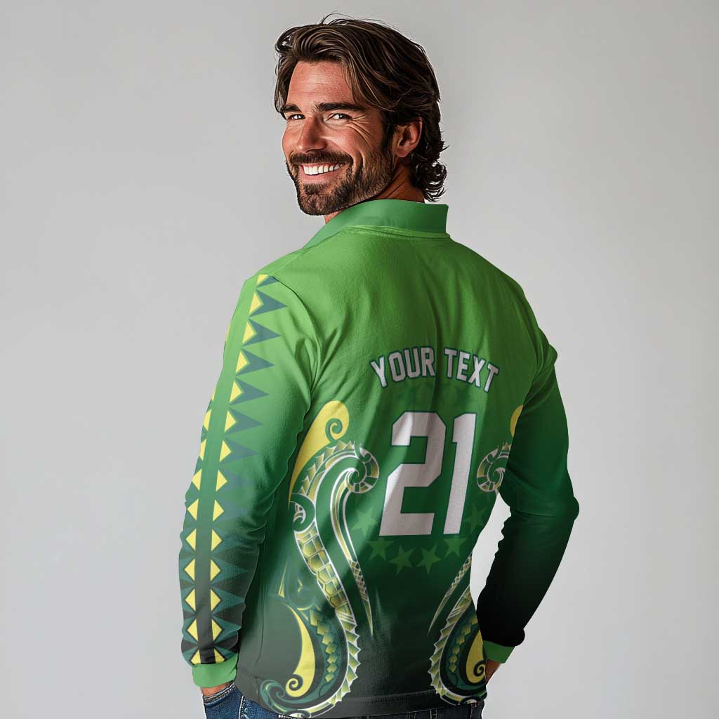 Custom Rugby Cook Islands Avaiki Long Sleeve Polo Shirt Green Kuki Airani Tribal Maori Inspired - Polynesian Pride