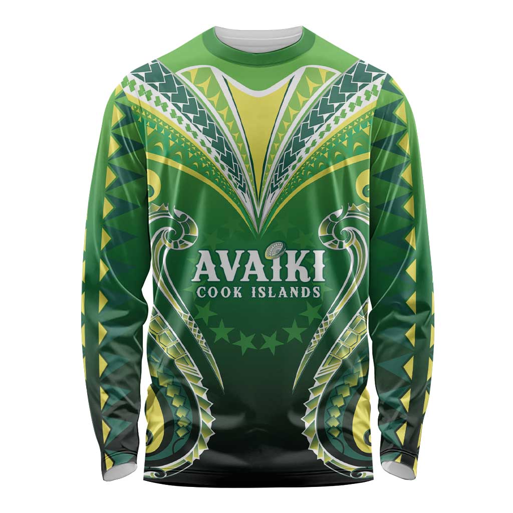 Custom Rugby Cook Islands Avaiki Long Sleeve Shirt Green Kuki Airani Tribal Maori Inspired - Polynesian Pride