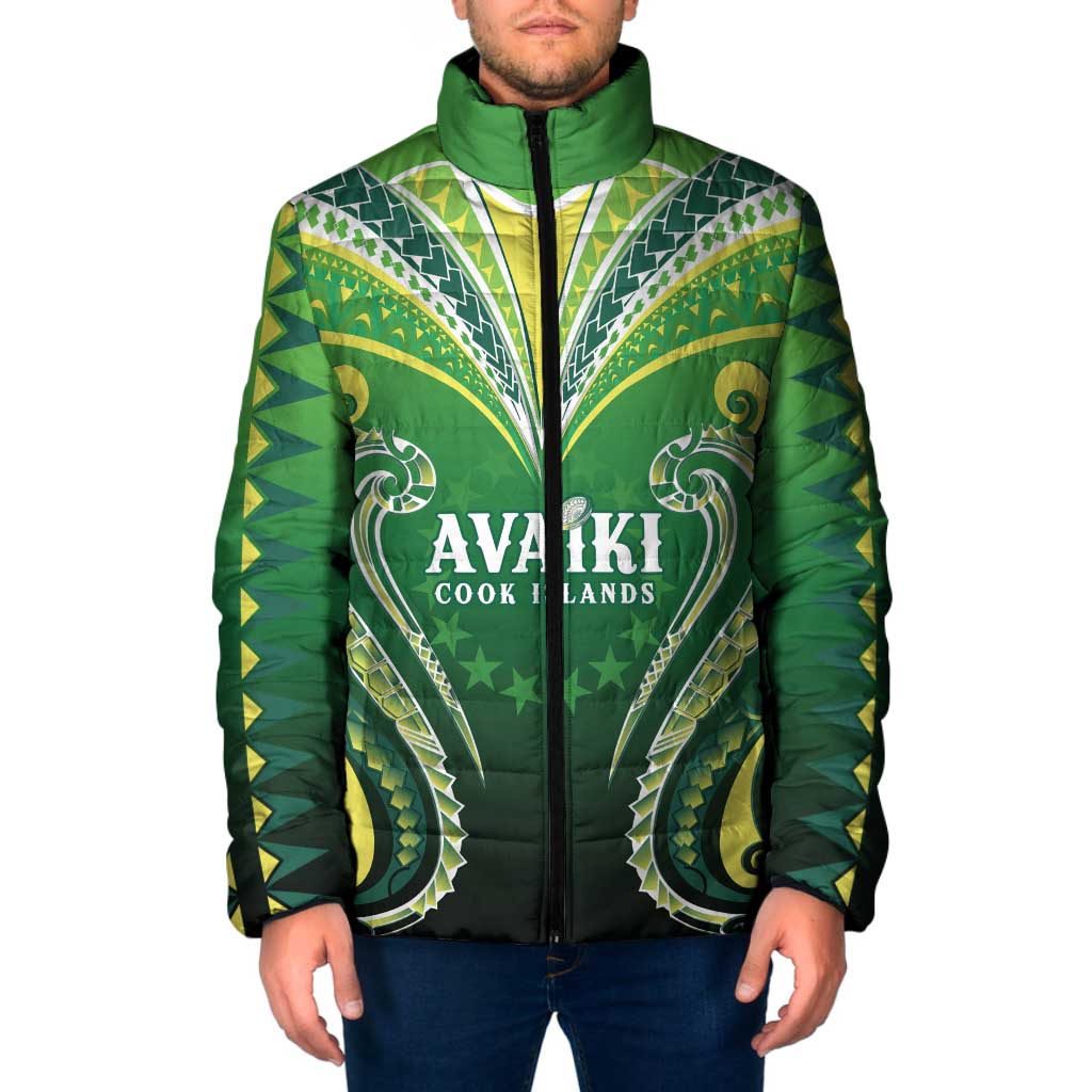 Custom Rugby Cook Islands Avaiki Padded Jacket Green Kuki Airani Tribal Maori Inspired - Polynesian Pride