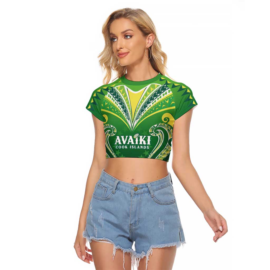 Custom Rugby Cook Islands Avaiki Raglan Cropped T Shirt Green Kuki Airani Tribal Maori Inspired - Polynesian Pride
