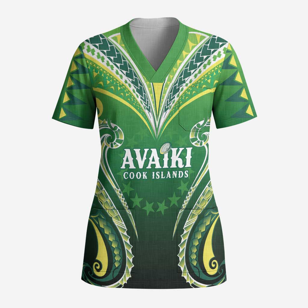 Custom Rugby Cook Islands Avaiki Scrub Top Green Kuki Airani Tribal Maori Inspired - Polynesian Pride