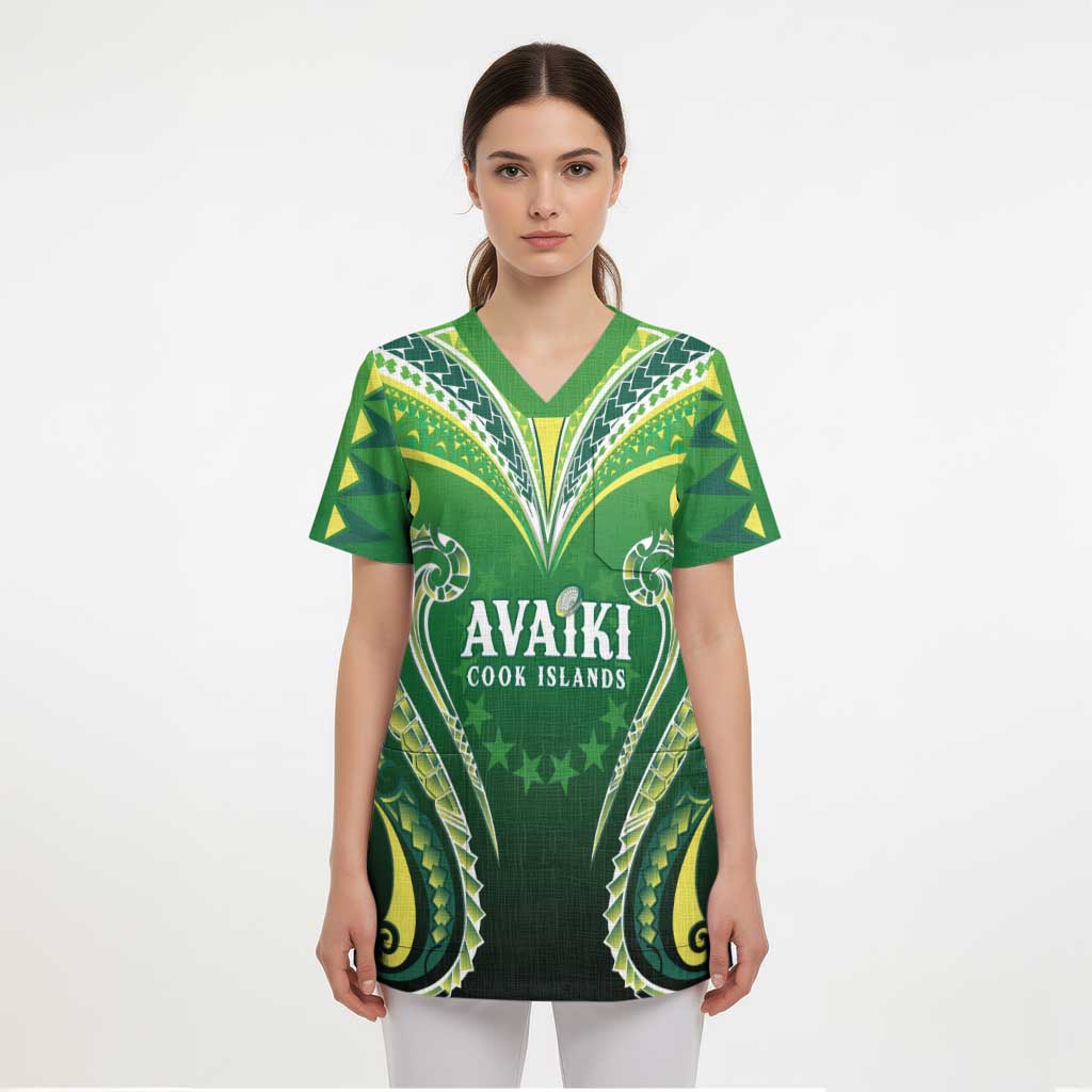 Custom Rugby Cook Islands Avaiki Scrub Top Green Kuki Airani Tribal Maori Inspired - Polynesian Pride