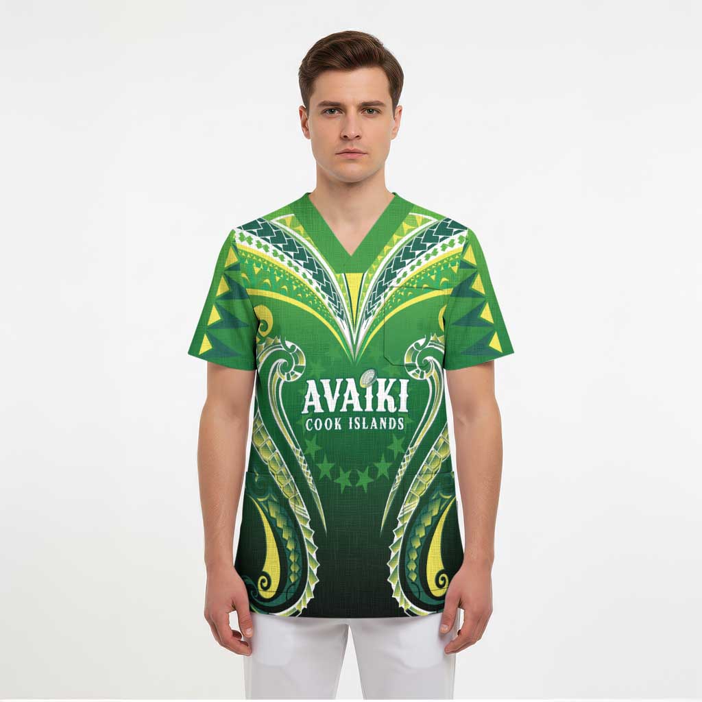 Custom Rugby Cook Islands Avaiki Scrub Top Green Kuki Airani Tribal Maori Inspired - Polynesian Pride