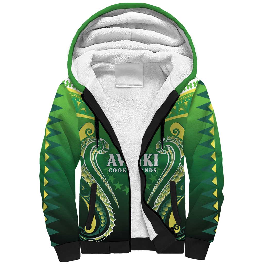 Custom Rugby Cook Islands Avaiki Sherpa Hoodie Green Kuki Airani Tribal Maori Inspired - Polynesian Pride