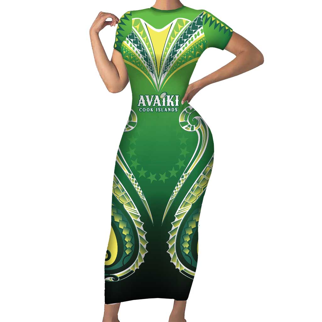Custom Rugby Cook Islands Avaiki Short Sleeve Bodycon Dress Green Kuki Airani Tribal Maori Inspired - Polynesian Pride