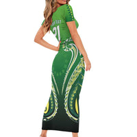 Custom Rugby Cook Islands Avaiki Short Sleeve Bodycon Dress Green Kuki Airani Tribal Maori Inspired - Polynesian Pride