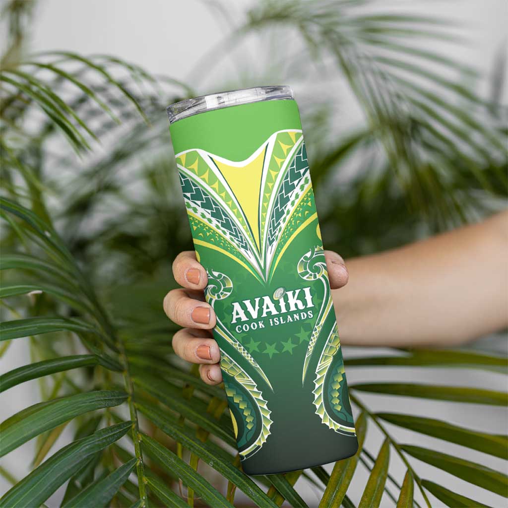 Custom Rugby Cook Islands Avaiki Skinny Tumbler Green Kuki Airani Tribal Maori Inspired - Polynesian Pride