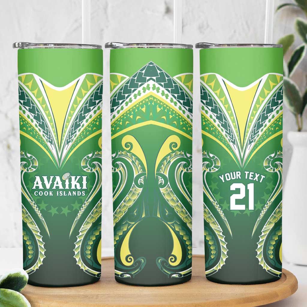 Custom Rugby Cook Islands Avaiki Skinny Tumbler Green Kuki Airani Tribal Maori Inspired - Polynesian Pride