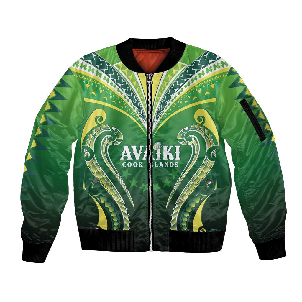 Custom Rugby Cook Islands Avaiki Sleeve Zip Bomber Jacket Green Kuki Airani Tribal Maori Inspired - Polynesian Pride