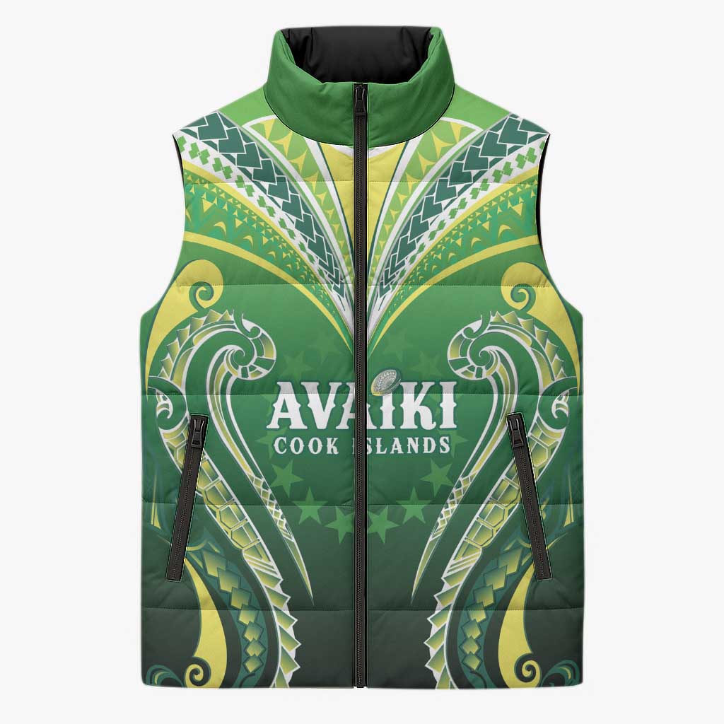 Custom Rugby Cook Islands Avaiki Sleeveless Puffer Jacket Green Kuki Airani Tribal Maori Inspired - Polynesian Pride